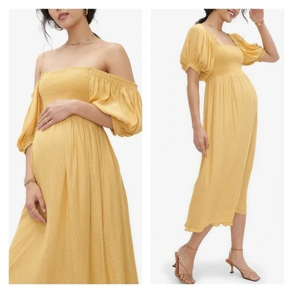 Hatch Elia Yellow Puff Sleeve Smocked Maternity Midi Dress Size L NWT - Picture 4 of 14